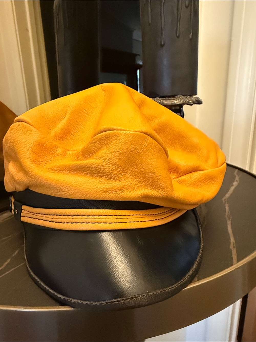 Leather Newsboy Cap in Mustard Yellow and Black